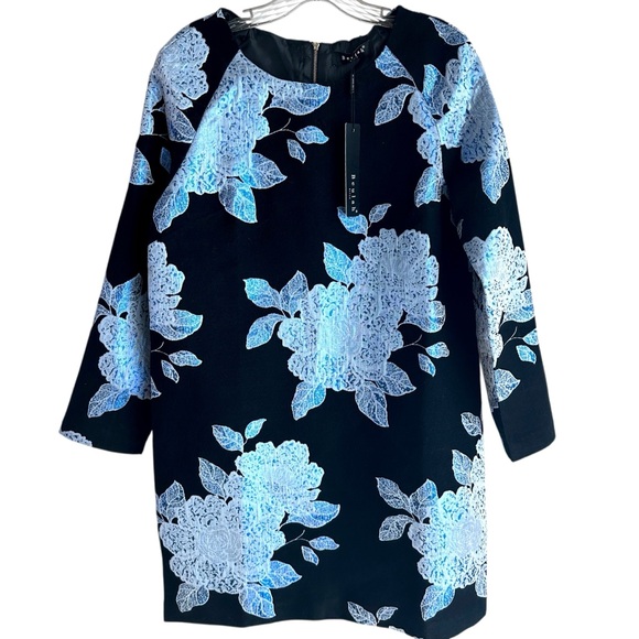 Beulah Black and Silver Iridescent Blue Glitter Floral Print NWT Dress Size Med - Picture 1 of 9